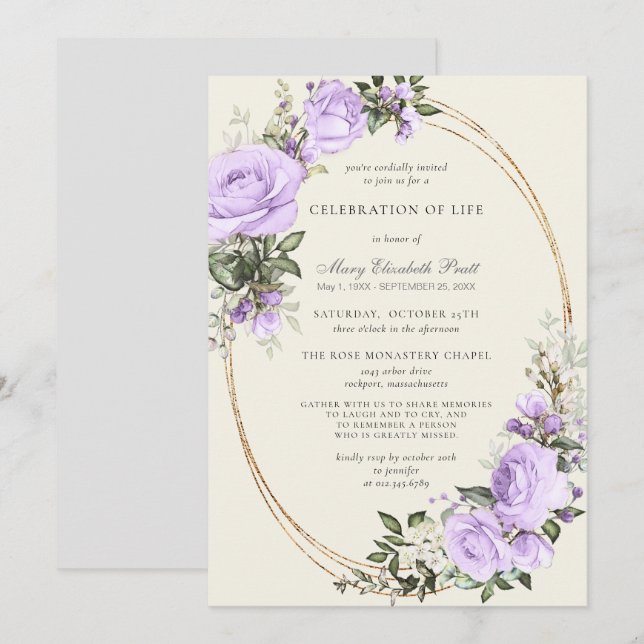 Invitación Celebración de la vida Funeral Rubor Purple Floral (Anverso / Reverso)