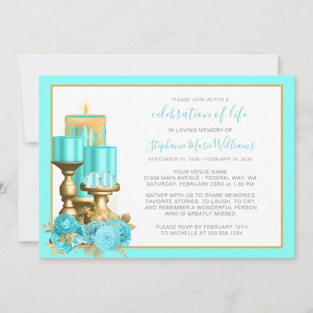 Invitación Celebración de la vida Funeral Vela Turquesa (Anverso)