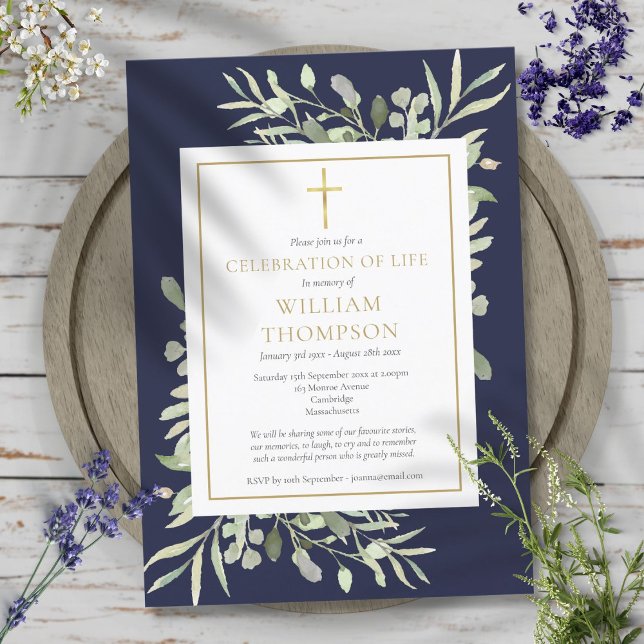 Invitación Celebración de la vida funeral verde azul (Greenery Blue Celebration of Life Funeral Invitation)