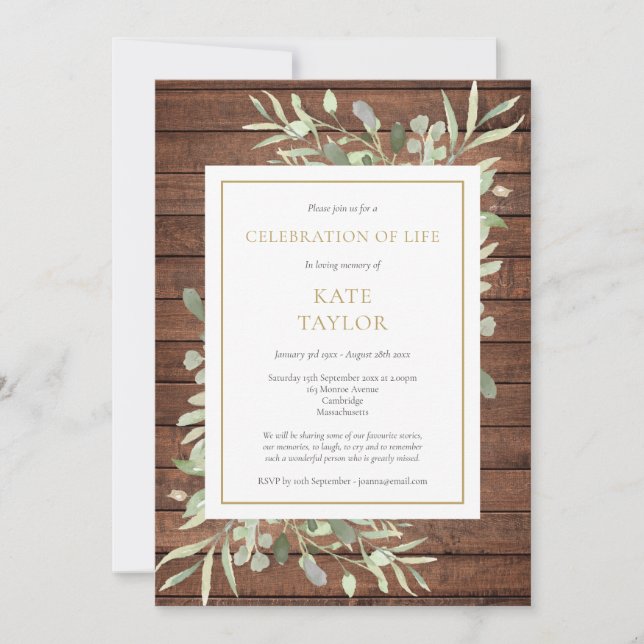 Invitación Celebración de la Vida Funeral Verde Madera Rústic (Anverso)