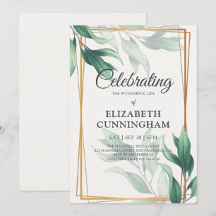 Invitación Celebración de la vida Green Foliage Gold Geometri