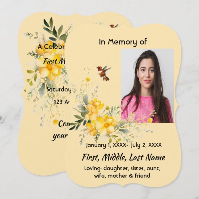 Invitación Celebración de la vida Hummingbird Rosas Amarillas (Anverso / Reverso)