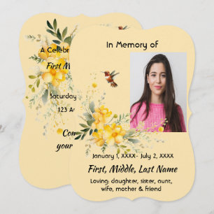 Invitación Celebración de la vida Hummingbird Rosas Amarillas