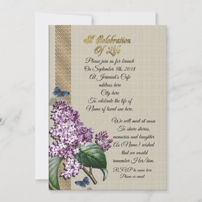 Invitación Celebración de la vida Lilacs (Anverso)