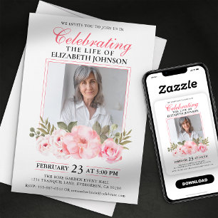 Invitación Celebración de la Vida Memorial Floral Rosa Elegan