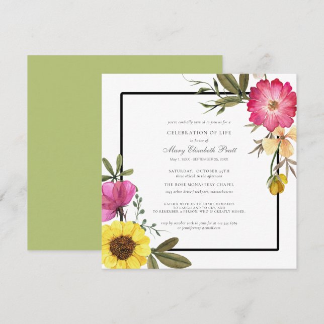 Invitación Celebración de la vida moderna de la flor amarilla (Anverso / Reverso)