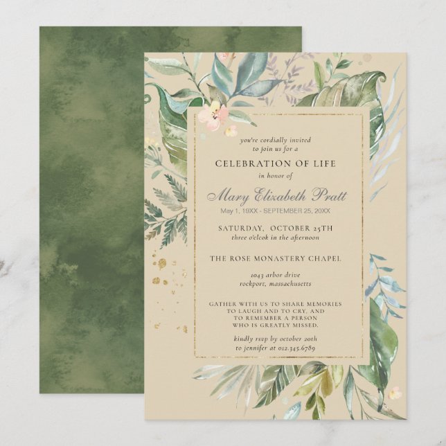 Invitación Celebración de la vida moderna de oro verde botáni (Anverso / Reverso)