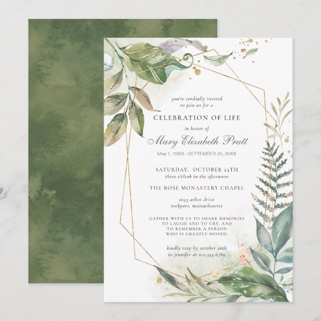 Invitación Celebración de la vida Moderno Oro Verde Botánico (Anverso / Reverso)