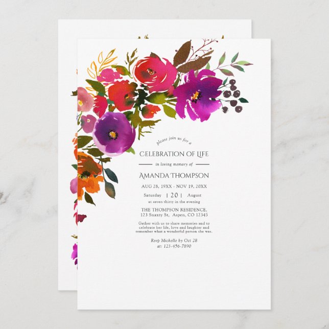 Invitación Celebración de la vida morada y Naranja floral (Anverso / Reverso)