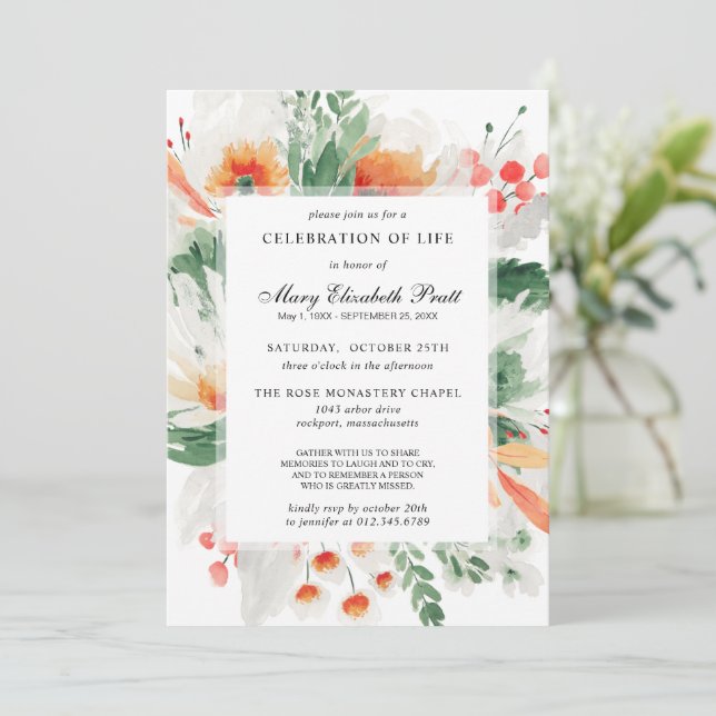 Invitación Celebración de la vida Naranja White Floral Botáni (Anverso de pie)