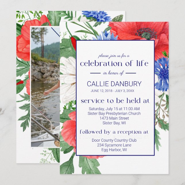 Invitación Celebración de la vida por el funeral floral azul  (Anverso / Reverso)