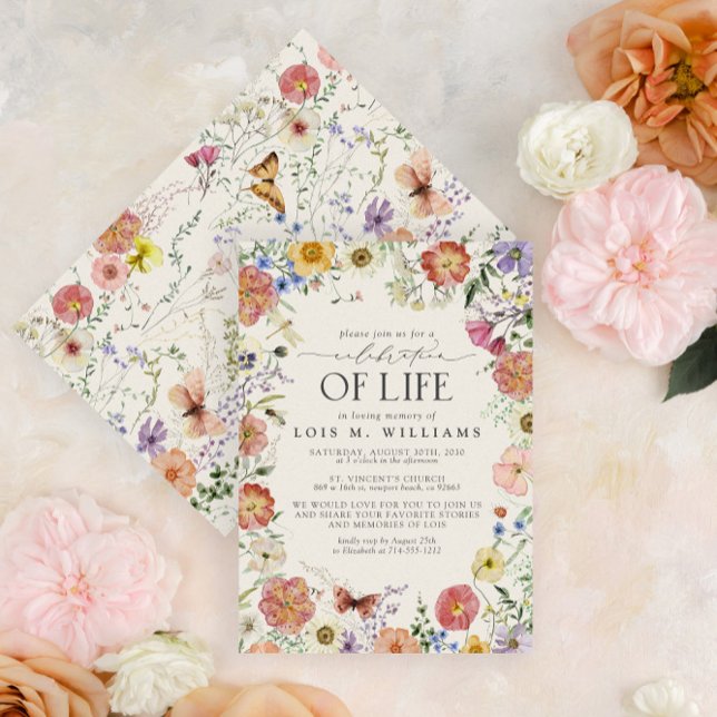 Invitación Celebración de la vida por las flores presionadas (Easily personalize this design with your unique details)