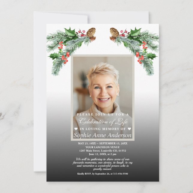 Invitación Celebración de la vida ramo de invierno foto memor (Anverso)