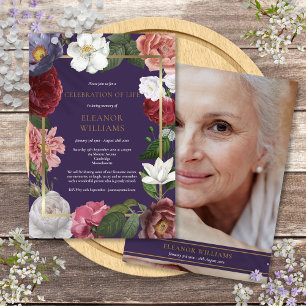 Invitación Celebración de la Vida Rosa Dorada Púrpura Floral 