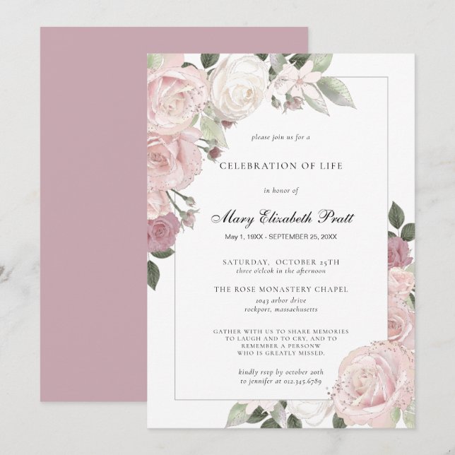 Invitación Celebración de la vida Rubor Pink Rose Rustic Flor (Anverso / Reverso)