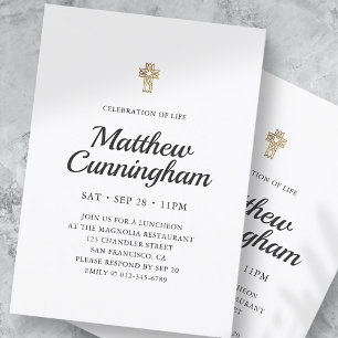 Invitación Celebración de la vida Simple Faux Gold Cross