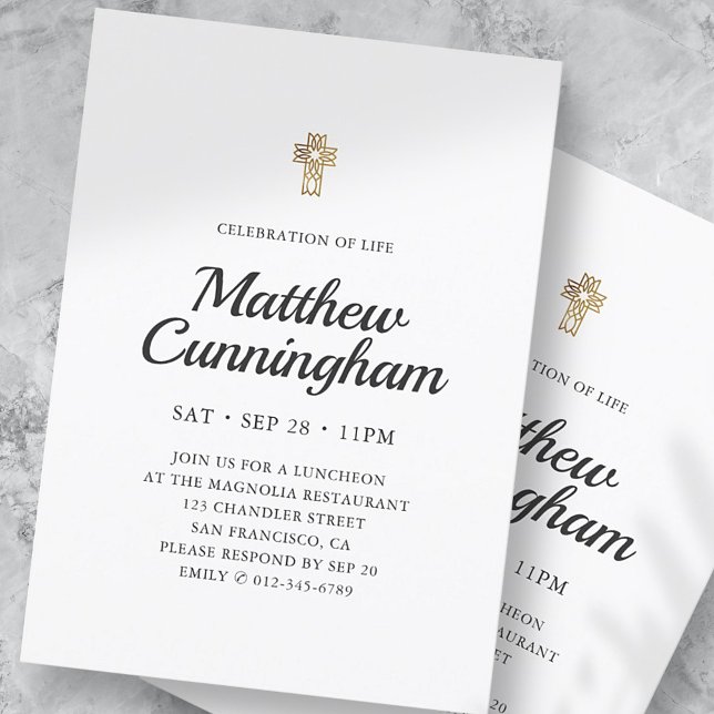Invitación Celebración de la vida Simple Faux Gold Cross (Subido por el creador)