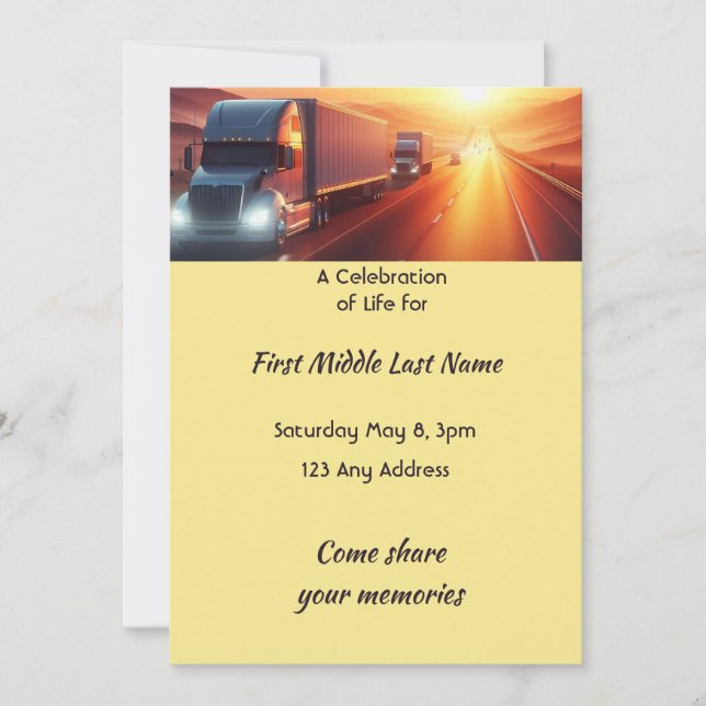 Invitación Celebración de la Vida  Tractor-remolque de semi-c (Anverso)