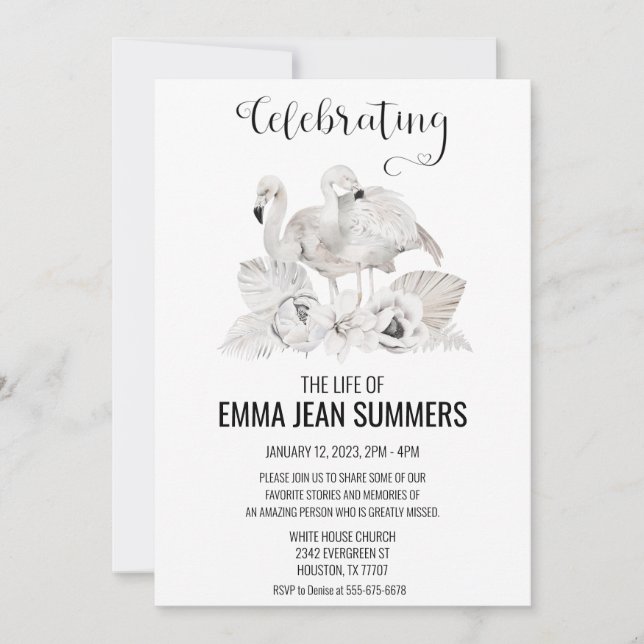 Invitación Celebración de la vida White Flamingo Boho Tropica (Anverso)