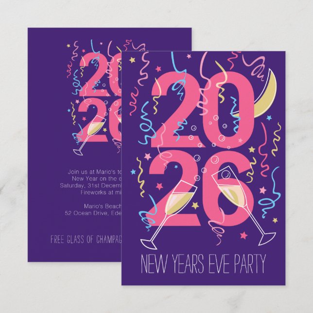 Invitación Celebración de las gafas de champán de Fiesta de A (Anverso / Reverso)