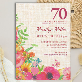 Invitación Celebración de lino floral audaz por 70 cumpleaños