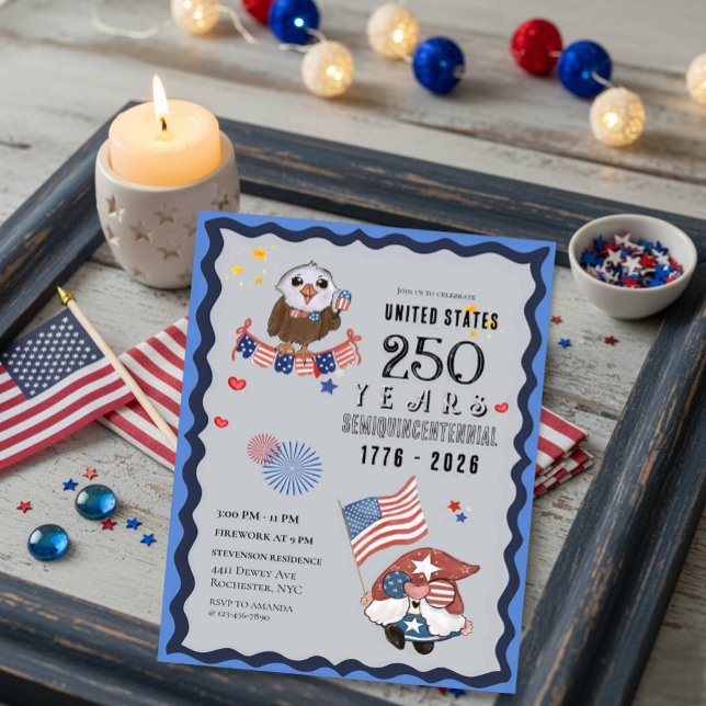 Invitación Celebración de los 250 años en Estados Unidos con  (USA 250 Years Celebration with Gnome & Eagle Invitation)