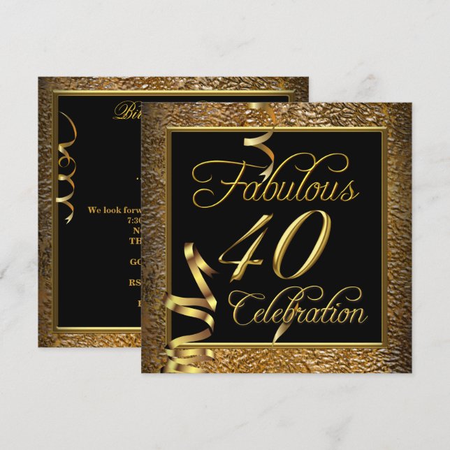 Invitación Celebración de los Fabulosos 40 Cumpleaños en Oro  (Anverso / Reverso)