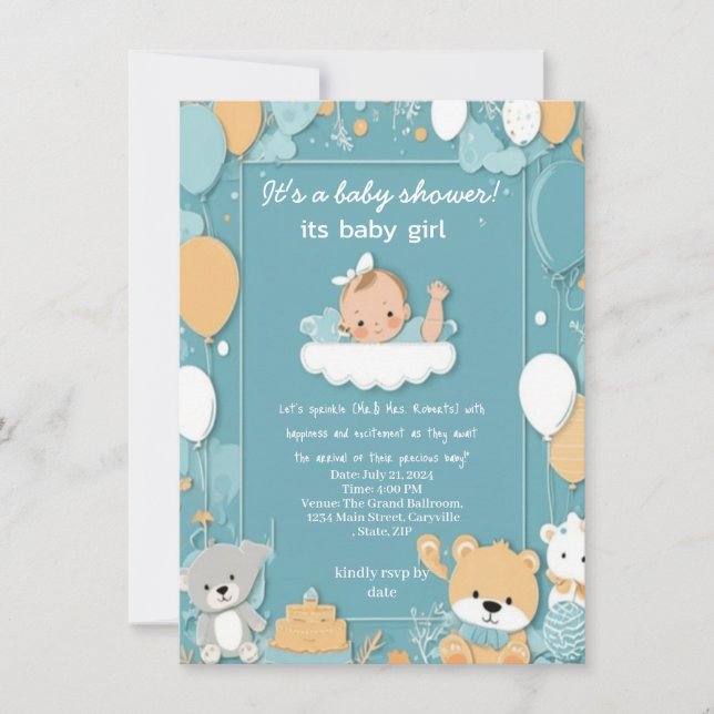 Invitación celebración de los globos azules de la niña bebé d (Anverso)