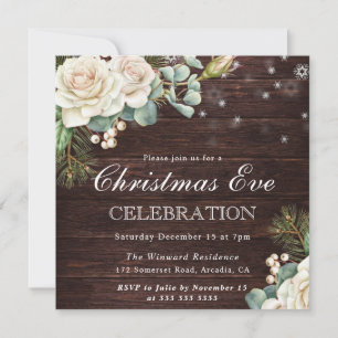 Invitación Celebración de Nochebuena con Rosa Blanca Rústica