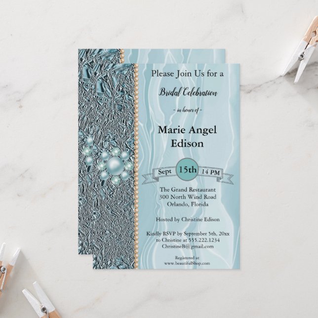 Invitación Celebración de novias Relieve metalizado azul Verd (Anverso/Reverso In Situ)