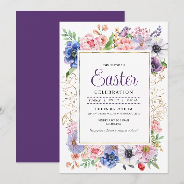 Invitación Celebración de Pascua en el Jardín Purple Floral (Anverso / Reverso)