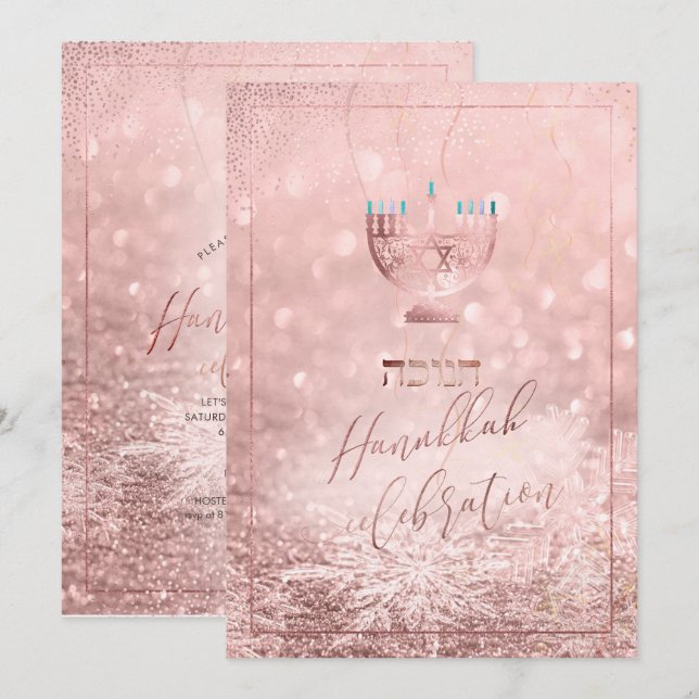 Invitación Celebración de PixDezines Hanukkah, Nieve de oro R (Anverso / Reverso)