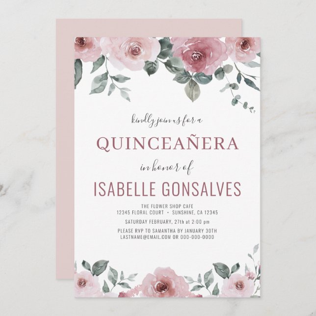 Invitación Celebración de QUINCEAÑERA con flores rosadas y Ro (Anverso / Reverso)