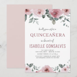Invitación Celebración de QUINCEAÑERA con flores rosadas y Ro