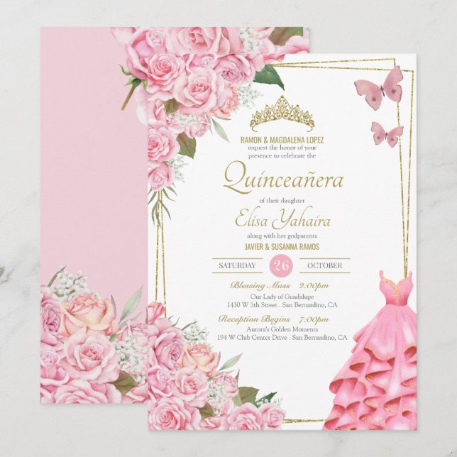 Invitación Celebración de Quinceanera de la mariposa floral r (Anverso / Reverso)