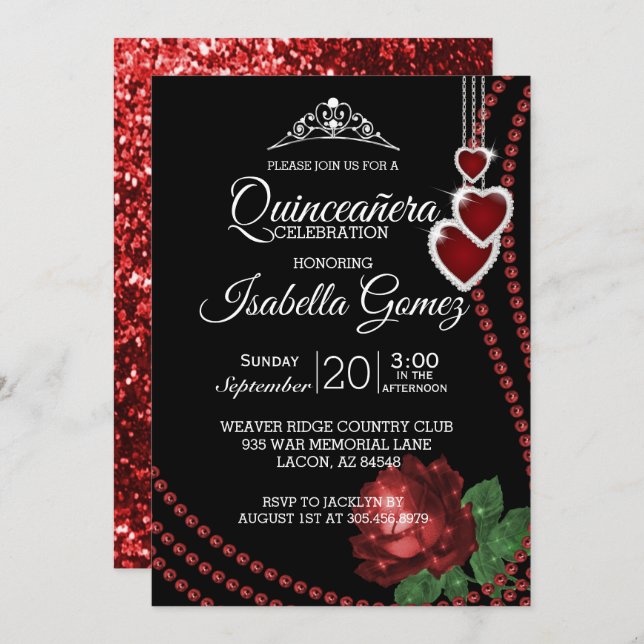Invitación Celebración de Quinceañera de la Rosa Roja (Anverso / Reverso)