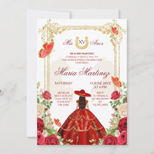 Invitación Celebración de Quinceañera de Niña Mexicana con Ro (Anverso)