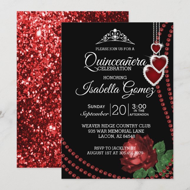 Invitación Celebración de Quinceañera del rosa rojo (Anverso / Reverso)