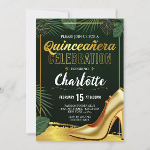 Invitación Celebración de Quinceañera Dorada Esmeralda Verde