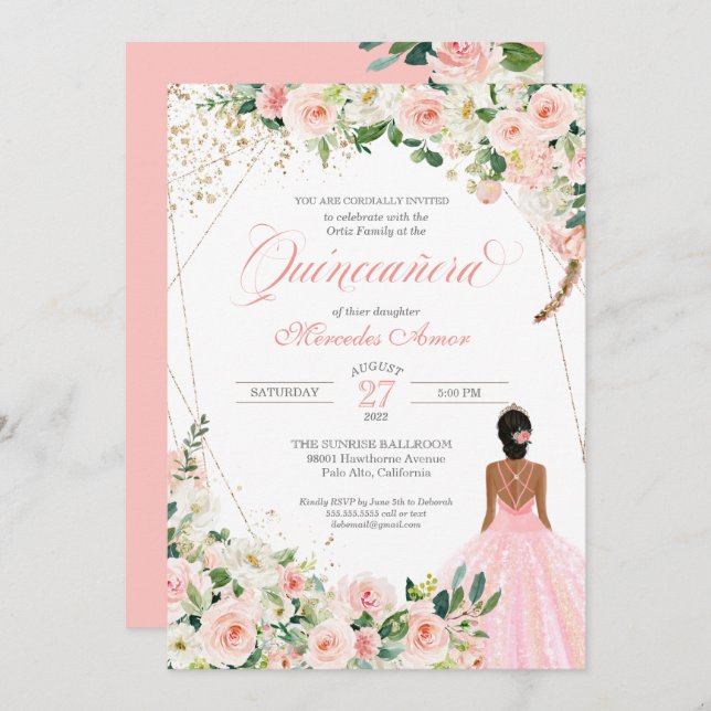 Invitación Celebración de Quinceanera floral de rosas rosas r (Anverso / Reverso)