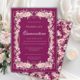 Invitación Celebración de Quinceañera Floral Rosa 15 Elegante
