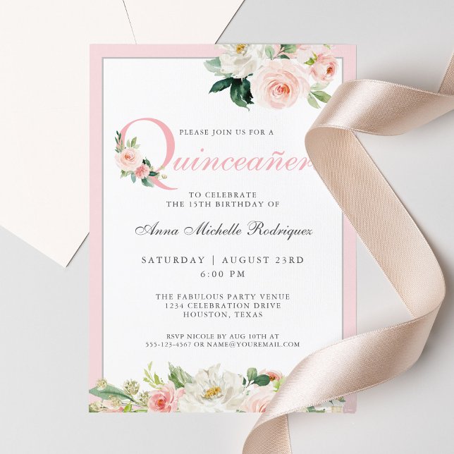 Invitación Celebración de Quinceanera floral rosa de Rubor (Subido por el creador)