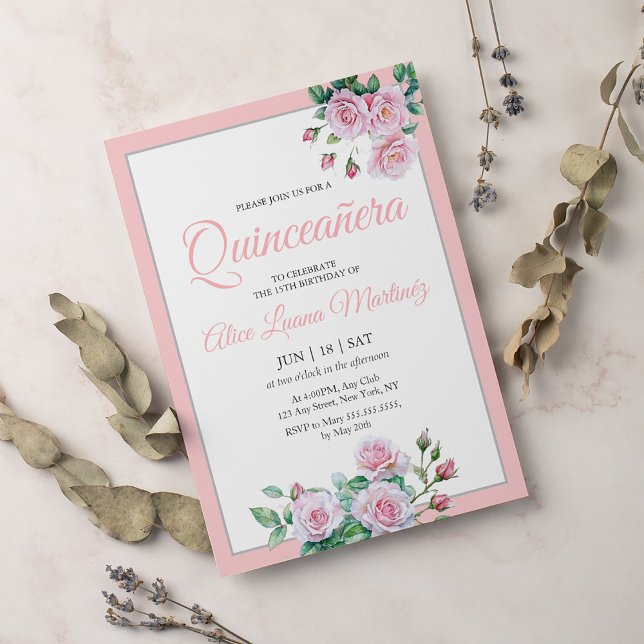 Invitación Celebración de Quinceanera floral rosa de Rubor (Subido por el creador)