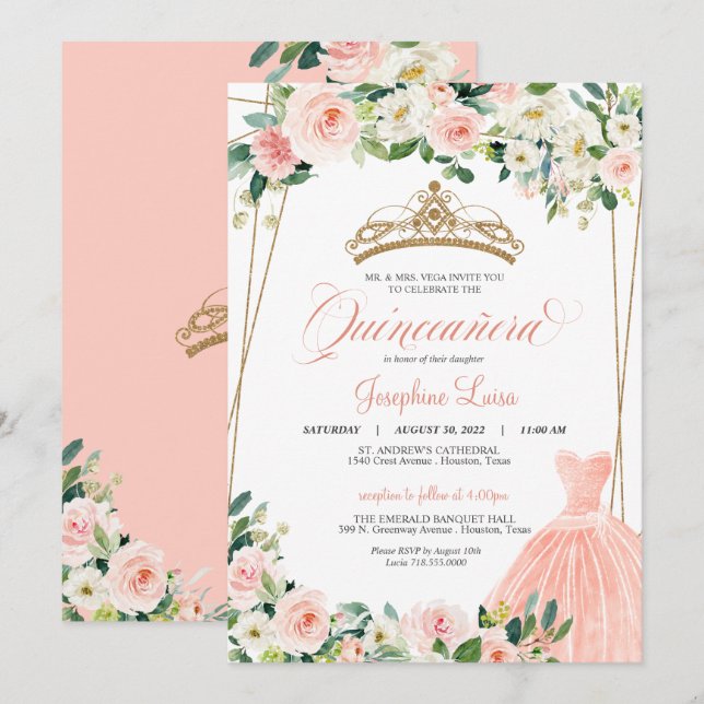Invitación Celebración de Quinceañera floral rosa y blanca de (Anverso / Reverso)