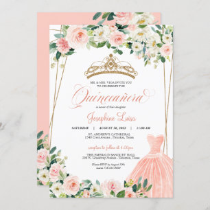 Invitación Celebración de Quinceañera floral rosa y blanca de