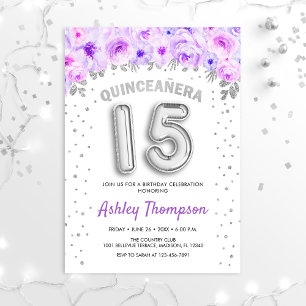 Invitación Celebración de Quinceanera - Globos de plata morad