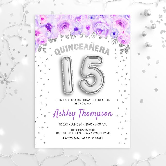 Invitación Celebración de Quinceanera - Globos de plata morad (Subido por el creador)