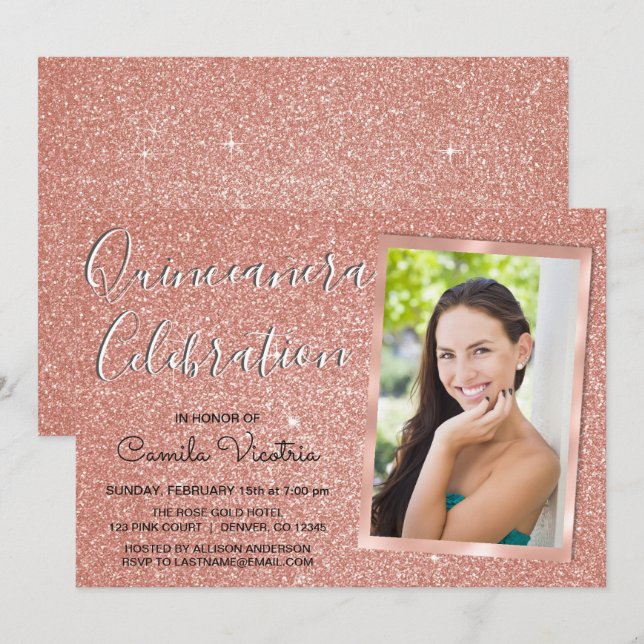 Invitación Celebración de Quinceañera, Purpurina de la espuma (Anverso / Reverso)