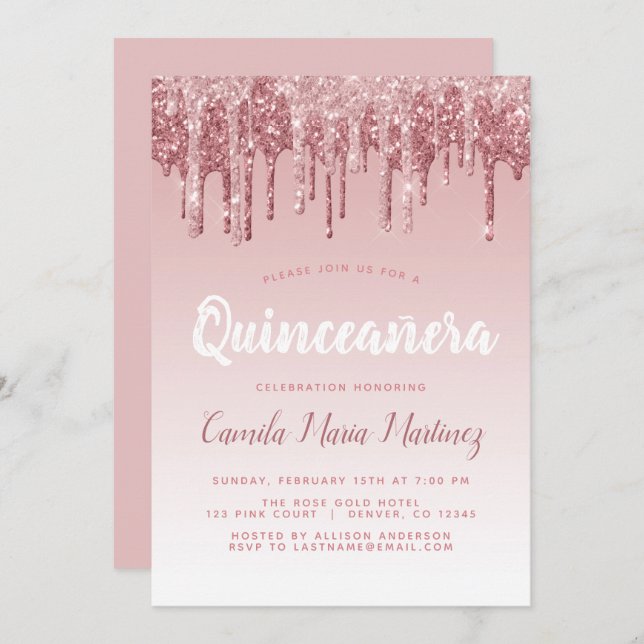 Invitación Celebración de Quinceanera, Purpurina de la Marcha (Anverso / Reverso)