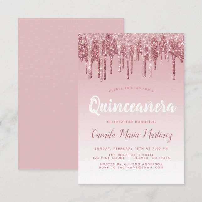 Invitación Celebración de Quinceanera, Purpurina de la Marcha (Anverso / Reverso)